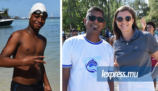 Rayan Olivier, espoir du club Pamplemousses Dolphin SC (à g.) ainsi que Dhiraj Ramgoolam et Ingrid Doger de Spéville, responsable CSR et Sustainability Manager du Mont-Choisy Group qui parraine le nageur..jpeg