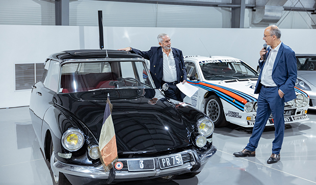 Terry Smith with H.E. Frederic Bontems, French Ambassador, speaking about the Citroen DS 19.jpg